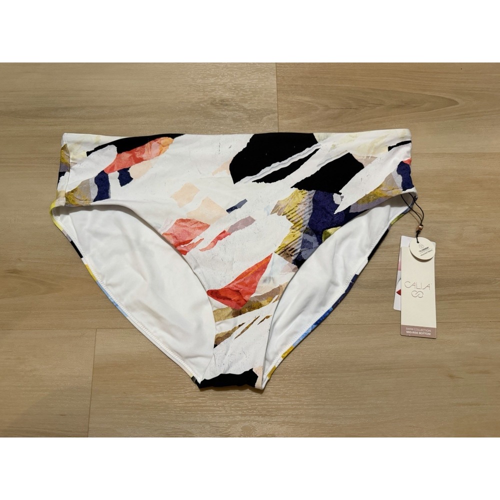 NWT Calia Women's Mid Rise‎ Swim Bottoms Multi Collage White Size 1X Plus